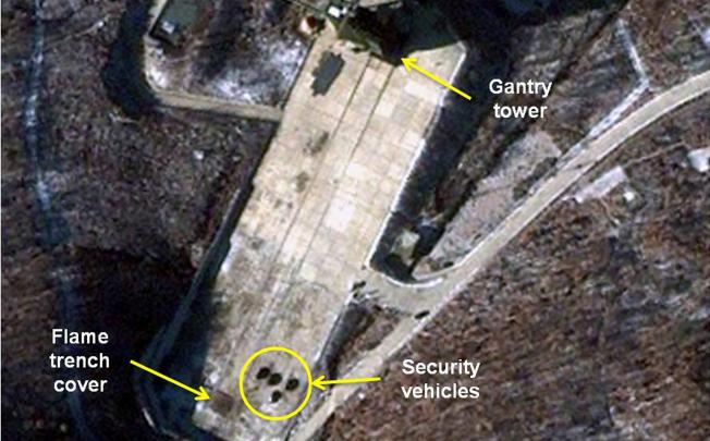 A satellite image taken by GeoEye and annotated and distributed by North Korea Tech and 38 North shows the Sohae Satellite Launching Station in Tongchang-ri, North Korea. Photo: AP