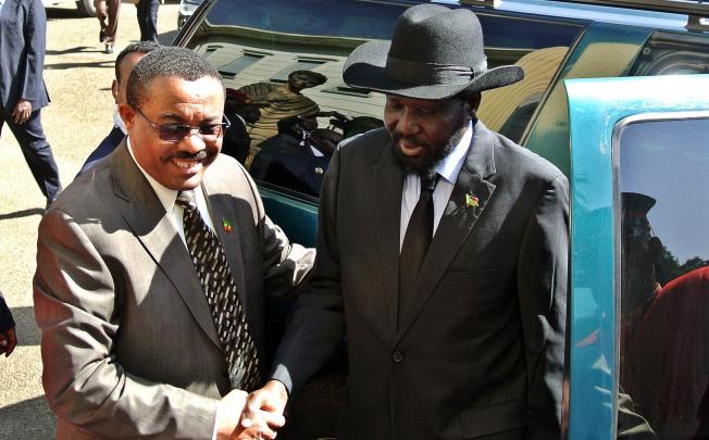 Ethiopian Prime Minister Hailemariam Desalegn (left) greets the President of South Sudan Salva Kiir in Addis Ababa, Ethiopia on Saturday, ahead of a Presidential summit between Kiir and his Sudanese counterpart. Photo: AFP