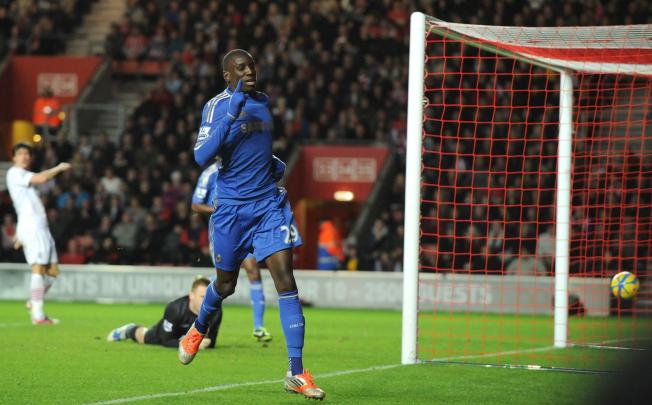 Chelsea's Demba Ba celebrates after scoring Chelsea's fourth and his second goal during the English FA Cup third round against Southampton on Saturday. Photo: AFP