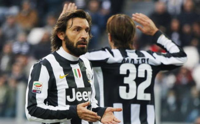 Juventus' Andrea Pirlo (left) and Andrea Matri react during the Italian serie A football match between Juventus and Sampdoria, at the Juventus Stadium in Turin. Photo: AFP