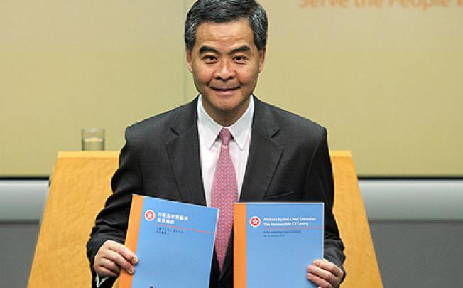 Chief Executive Leung Chun-ying presents his policy blueprint to the media at government headquarters at Tamar in Admiralty on Wednesday. 