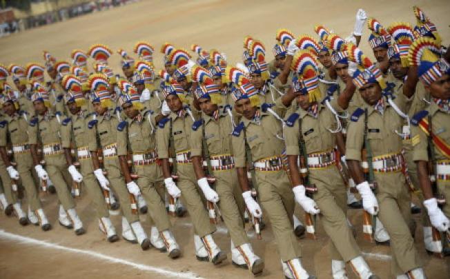 Indian police march during the Republic Day celebrations in Secunderabad, the twin city of Hyderabad on Saturday. Photo: AFP