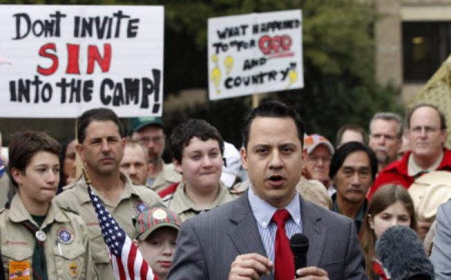 Jonathan Saenz, President of Texas Values, speaks at the Boy Scouts of America headquarters in Irving on Wednesday. The scouts on Wednesday delayed  a vote on whether to end a ban on gays. Photo: Reuters