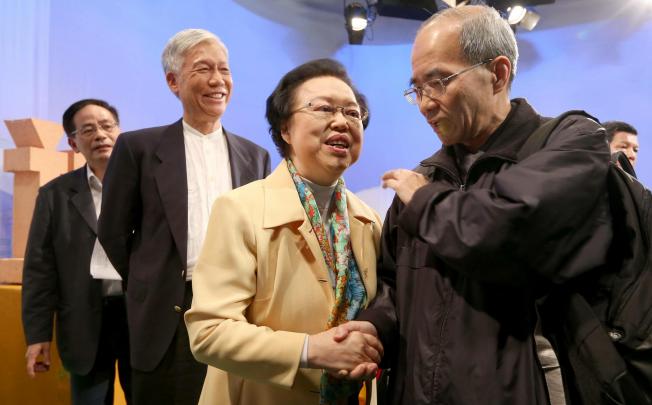 Maria Tam (centre) on City Forum yesterday. She says Beijing may need to make the final decision on universal suffrage. Photo: SCMP