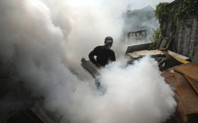 A man sprays to prevent the spread of dengue fever.  An outbreak of dengue fever in the Solomon Islands has killed three people. Photo: AP