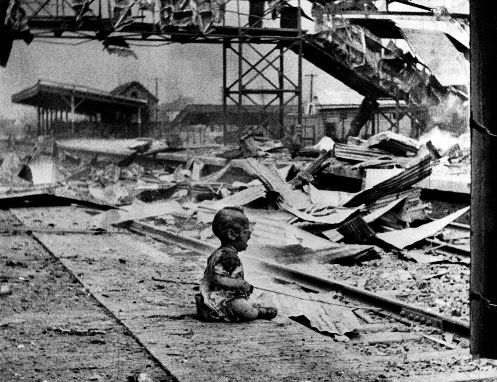 A child cries amid the devastation of a bombing raid on Shanghai during the Sino-Japanese war, part of the backdrop toThe Lius of Shanghai.Photo: AP