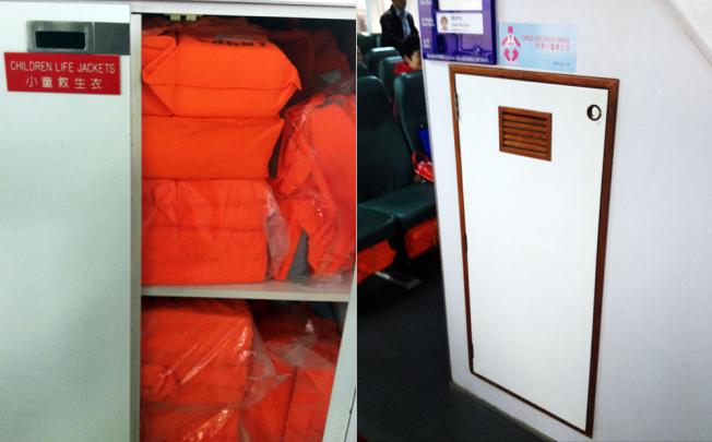 A compartment with easily accessible children’s life vests. The Sea Supreme’s compartment storing life jackets for children (right) was locked last Tuesday afternoon. Photos: Simpson Cheung
