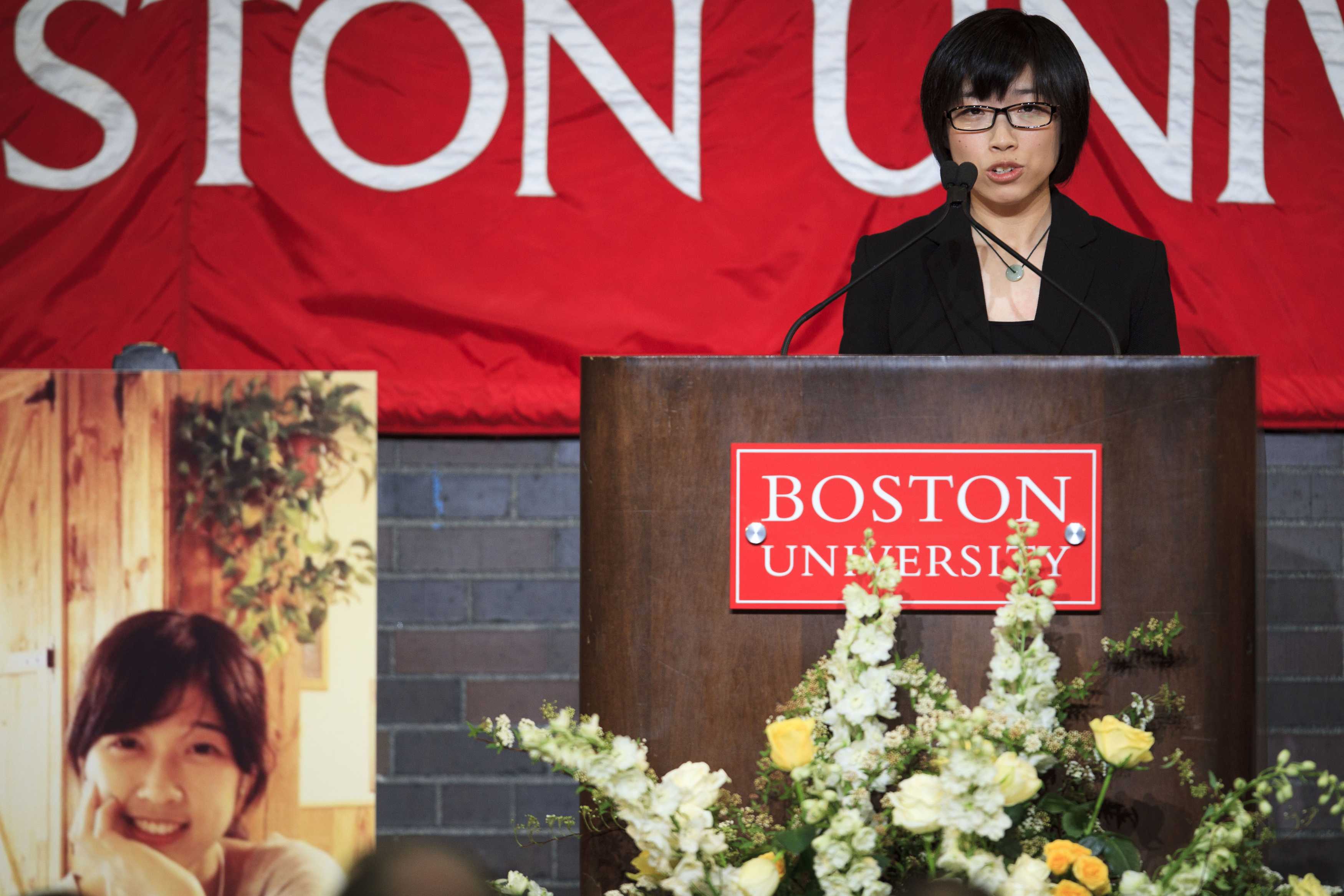 Zheng Minhui, a classmate of Lu Lingzi, gives a remembrance speech during a memorial service for Lingzi at Metcalf Hall in Boston University's George Sherman Student Union. Photo: Reuters