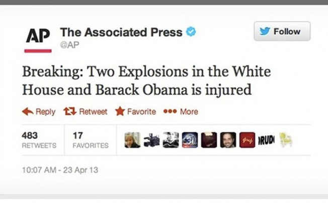 The false Twitter announcement from the hacked Associated Press account that caused US shares to tumble.