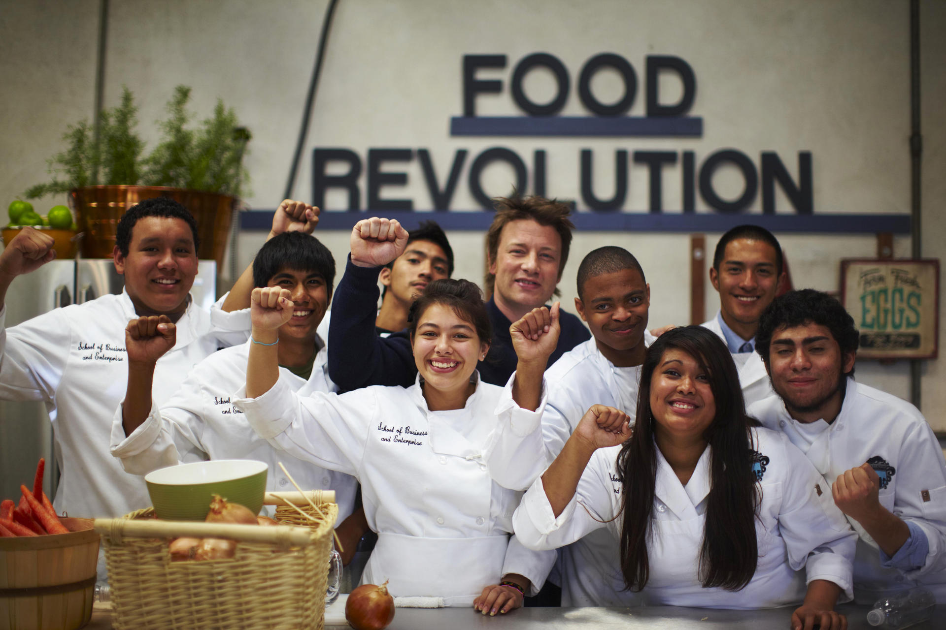 Jamie Oliver (left, centre) launched the Food Revolution. Photo: David Loftus