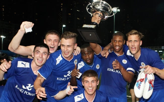 Leicester players celebrate winning the Sevens after defeating Newcastle United 2-0 in last night's Cup final. Photo: Edward Wong
