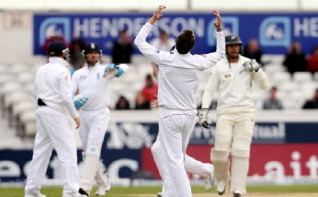 England's Graeme Swann, celebrates after bowling out New Zealand's Ross Taylor, on the fourth day of the second Test match between England and New Zealand in Leeds, England. Photo: AP
