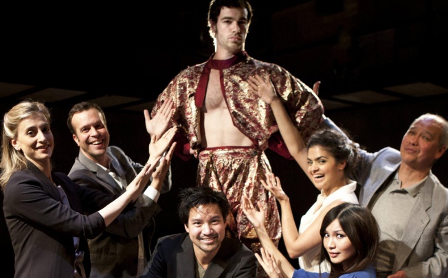 The cast of David Henry Hwang's Yellow Face, including David Yip (far right) and Gemma Chan (forefront). Photo: Simon Annand