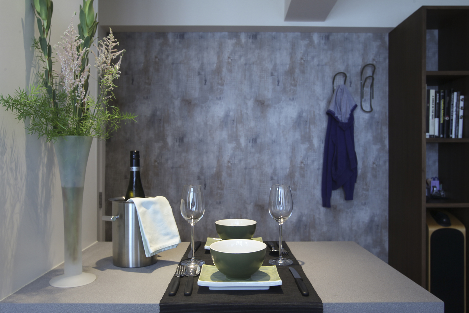 Dining area: The ''concrete'' wallpaper, by Carl Robinson, cost HK$780 a roll at Goodrich (2/F, Beverly House, 93 Lockhart Road, Wan Chai, tel: 2668 5757). Styling: David Roden. Pictures: Jonathan Wong
