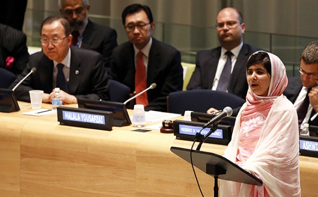 Malala Yousafzai gives her first speech since the Taliban in Pakistan tried to kill her for advocating education for girls, at the United Nations Headquarters in New York. Photo: Reuters