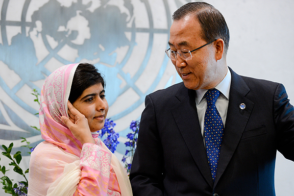 Malala Yousafzai with UN Secretary-General Ban Ki-moon at the United Nations headquarters in New York. Photo: Xinhua