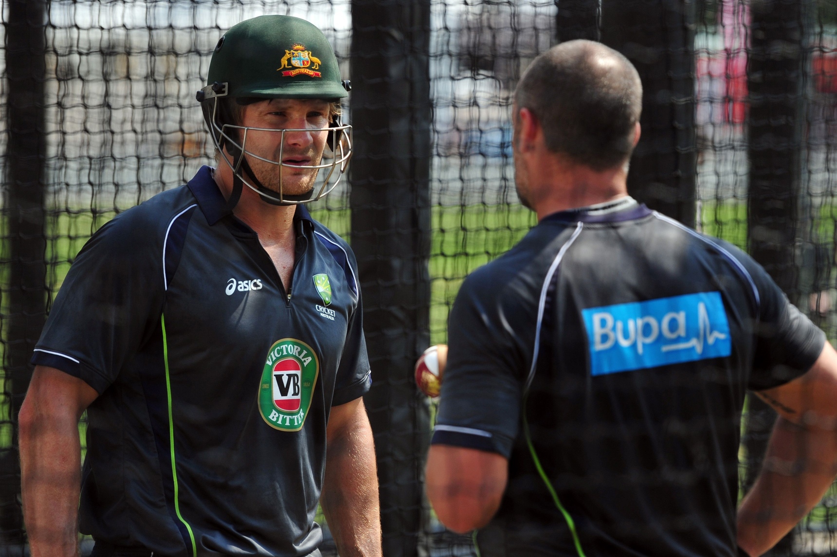 Australia's Shane Watson (left) looks on during a training session at Lord's cricket ground in north London. Photo: AFP