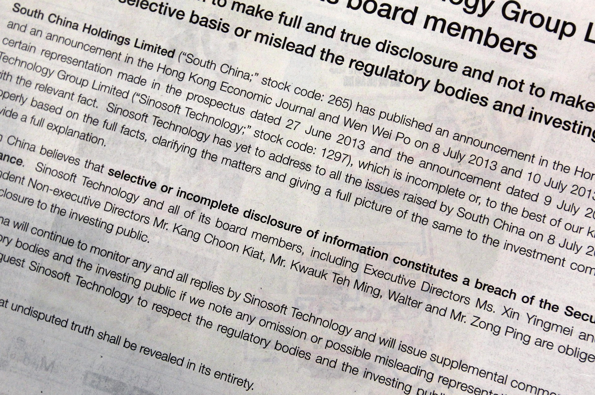 This South China notice, published on July 11, left investors none the wiser with its reference to "the relevant fact". Photo: SCMP