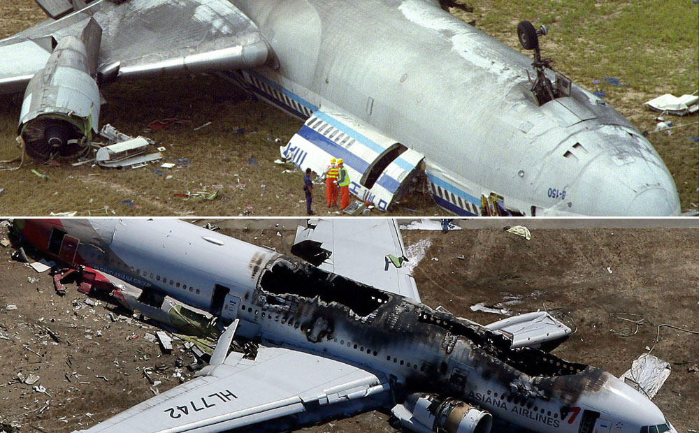 The wreckage of the Asiana Airlines passenger aircraft (bottom) is a spitting image of the China Airlines plane (top), both having crashed while landing, Dave Bennett says. Photos: Jonathon Wong, AFP
