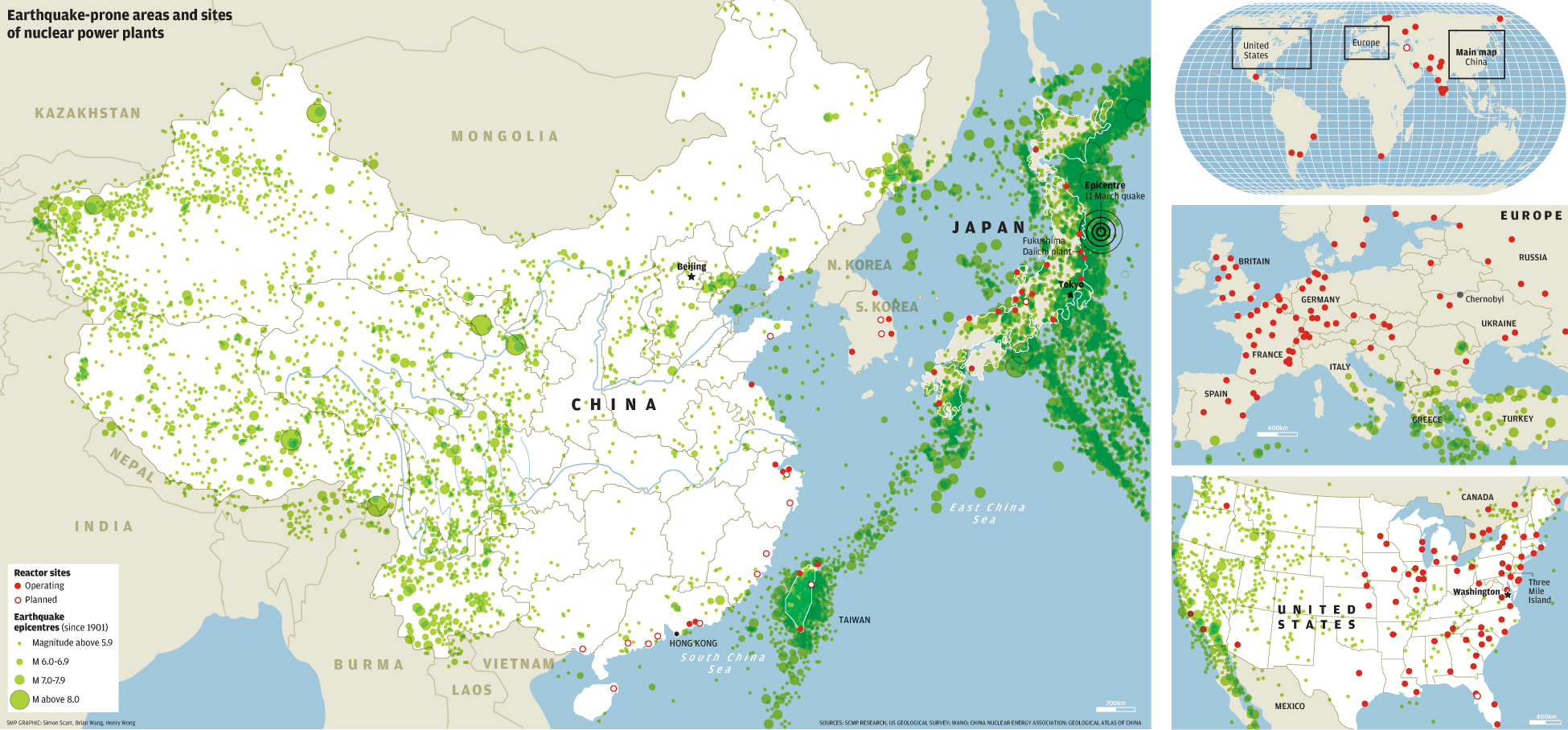 Earthquake-prone areas and sites of nuclear power plants