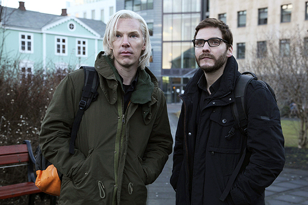 Benedict Cumberbatch as Julian Assange,left, with Daniel Bruhl as Daniel Domscheit-Berg during the filming of "The Fifth Estate," in Reykjavik, Iceland. Photo: AP