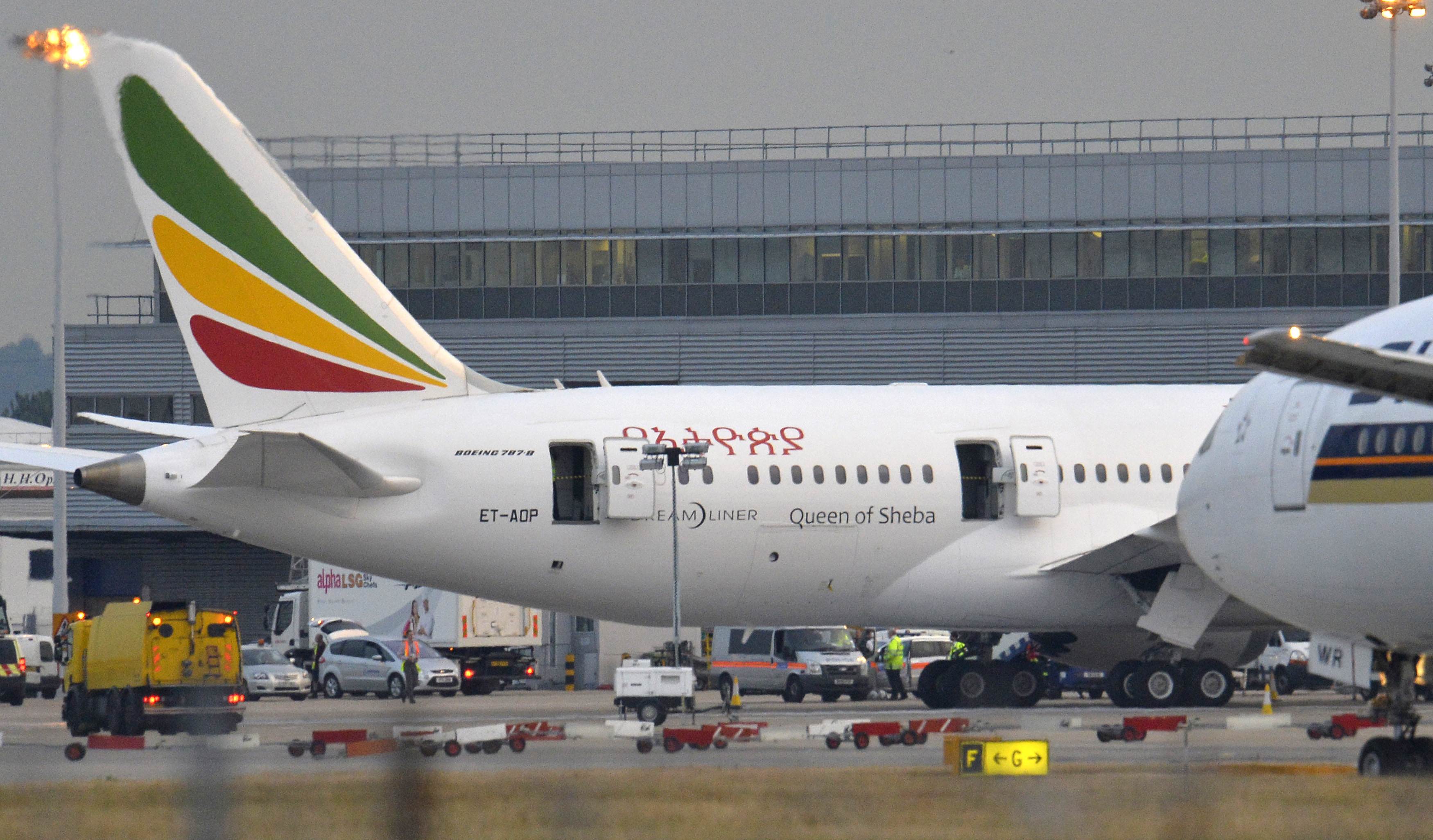 Emergency services attend a fire on an Ethiopian Airlines Dreamliner at Heathrow airport. Photo: Reuters