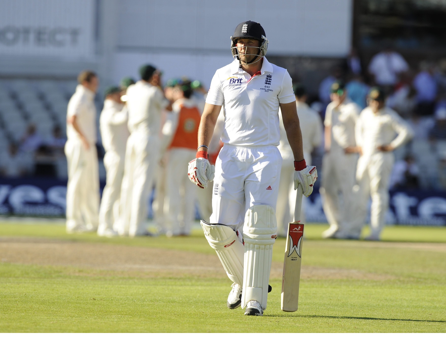 England's Tim Bresnan after being bowled out by Australia's Peter Siddle. Photo: EPA