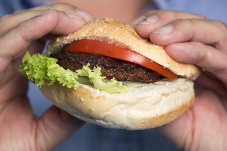 A beef burger created by stem cells harvested from a living cow. Photo: Bloomberg
