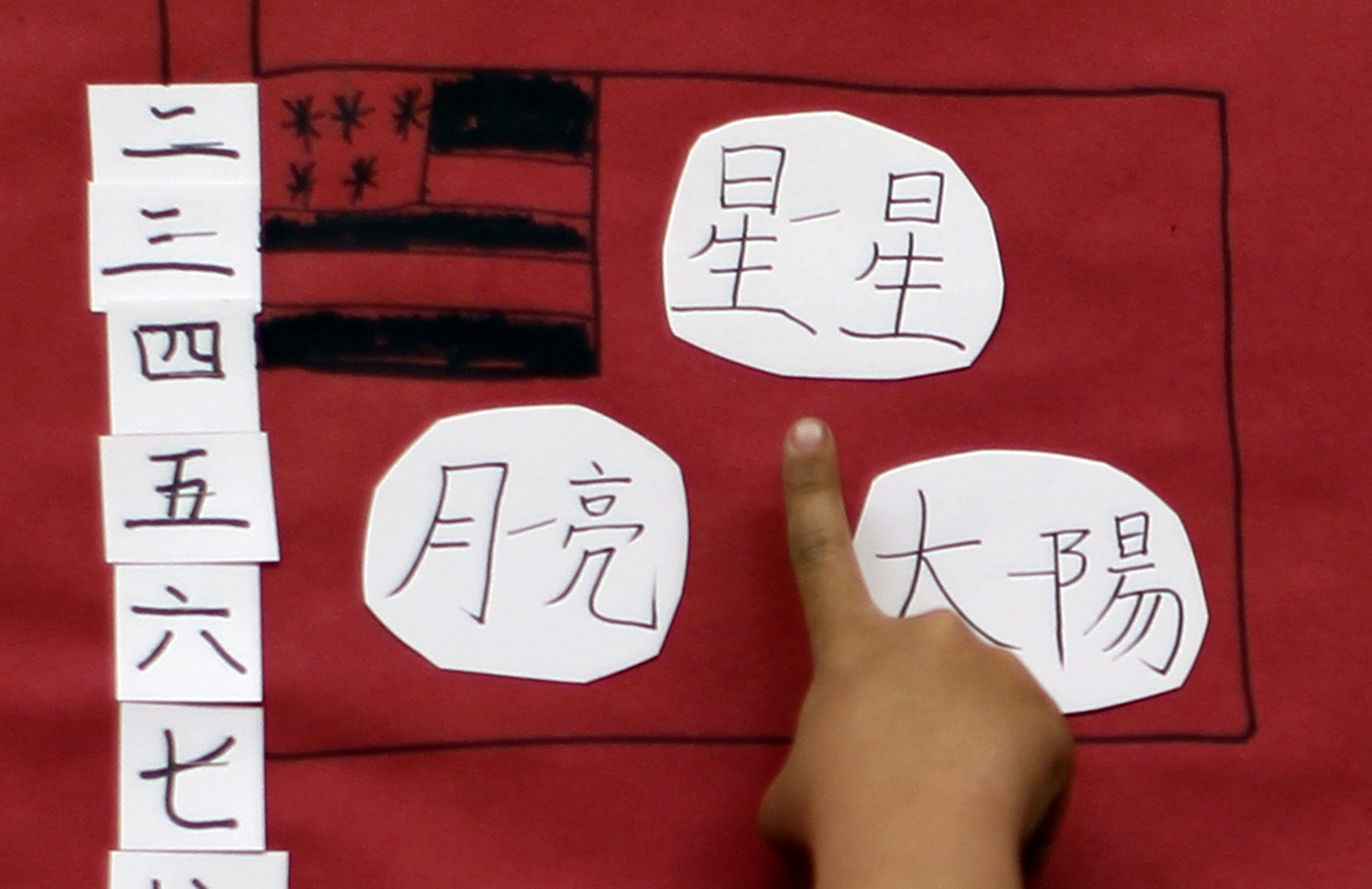 A student points to Chinese characters beside a drawing of a US flag at Broadway Elementary School in Venice, Los Angeles. Photo: Reuters