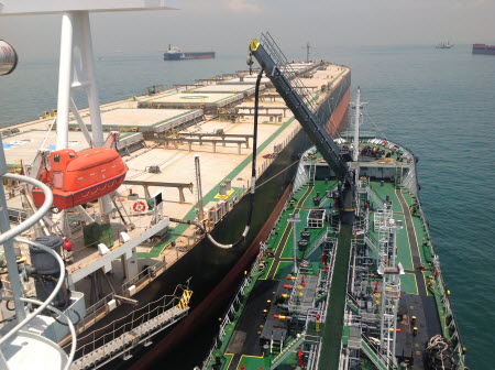 Refuelling or bunkering in marine terms is carried out using a small tanker to pump the bunker fuel into the bigger ship.