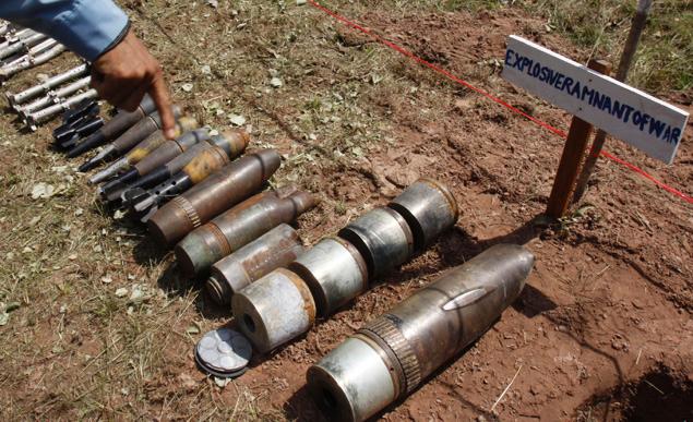 Unexploded bombs at the Cambodia Mine Action Centre in Kampong Chhnang. Six Cambodian farmers were killed when their truck hit an old anti-tank mine. Photo: AP 