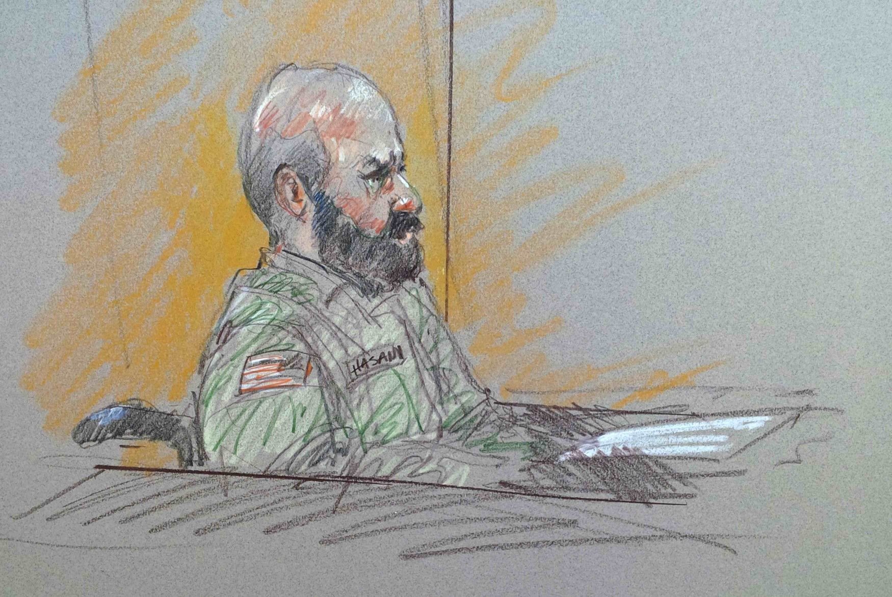A sketch of Major Nidal Malik Hasan during his trial at the US Army post in Fort Hood in Texas. Photo: Reuters