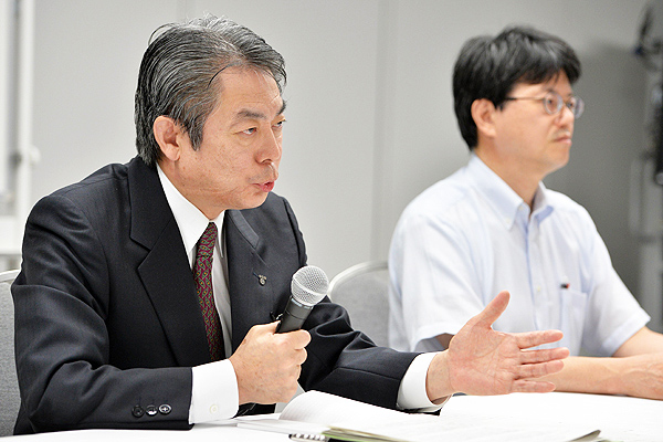 Tepco executive vice president Bungo Aizawa speaks to the media in Tokyo. Photo: AFP