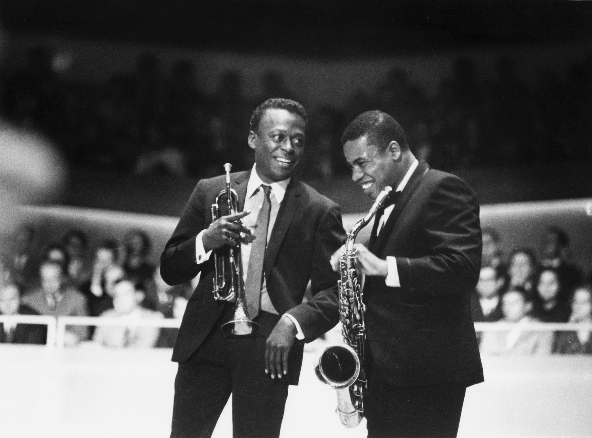 Wayne Shorter's long career has seen him collaborate with some of the all-time greats including Miles Davis (on the left in this 1964 photo of the two in Berlin). Photos: Corbis, Robert Ascroft