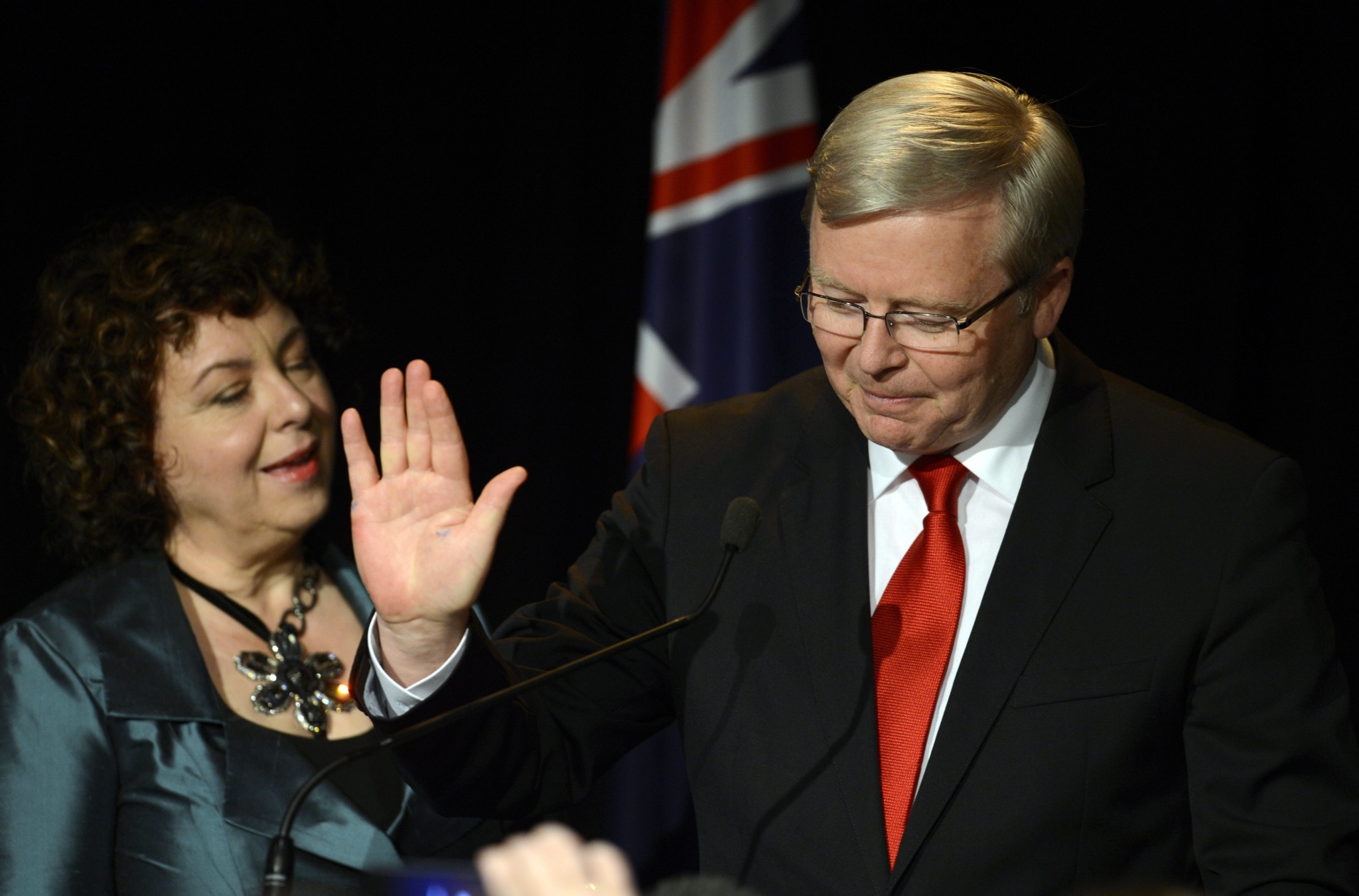  epa03855844 Outgoing Austrialian Prime Minister Kevin Rudd concedes defeat during the Labor Party's election night event in Brisbane. Photo: EPA