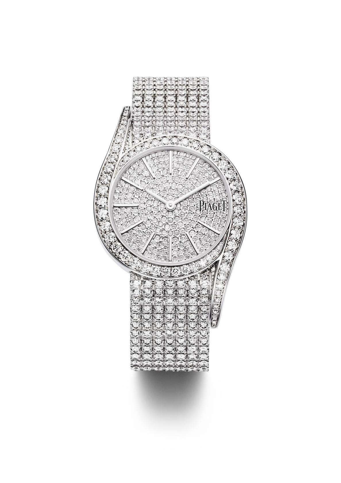 Limelight Gala watch with bracelet and clasp paved with 451 brilliant-cut diamonds (left) and with a black satin strap