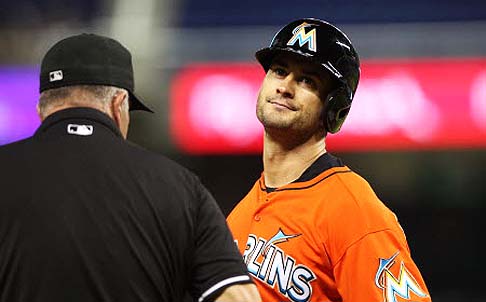 Justin Ruggiano of the Miami Marlins. The Phillies defeated the Marlins 2-1 to give Miami 100 losses for the season. Photo: AFP