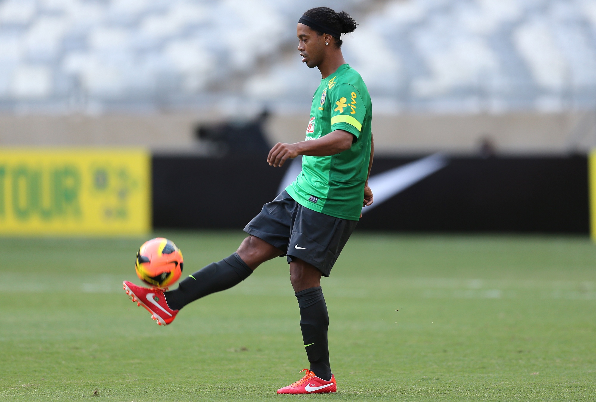 Ronaldinho during a training session in Belo Horizonte, Brazil. He has picked up a thigh injury in training. Photo: AP