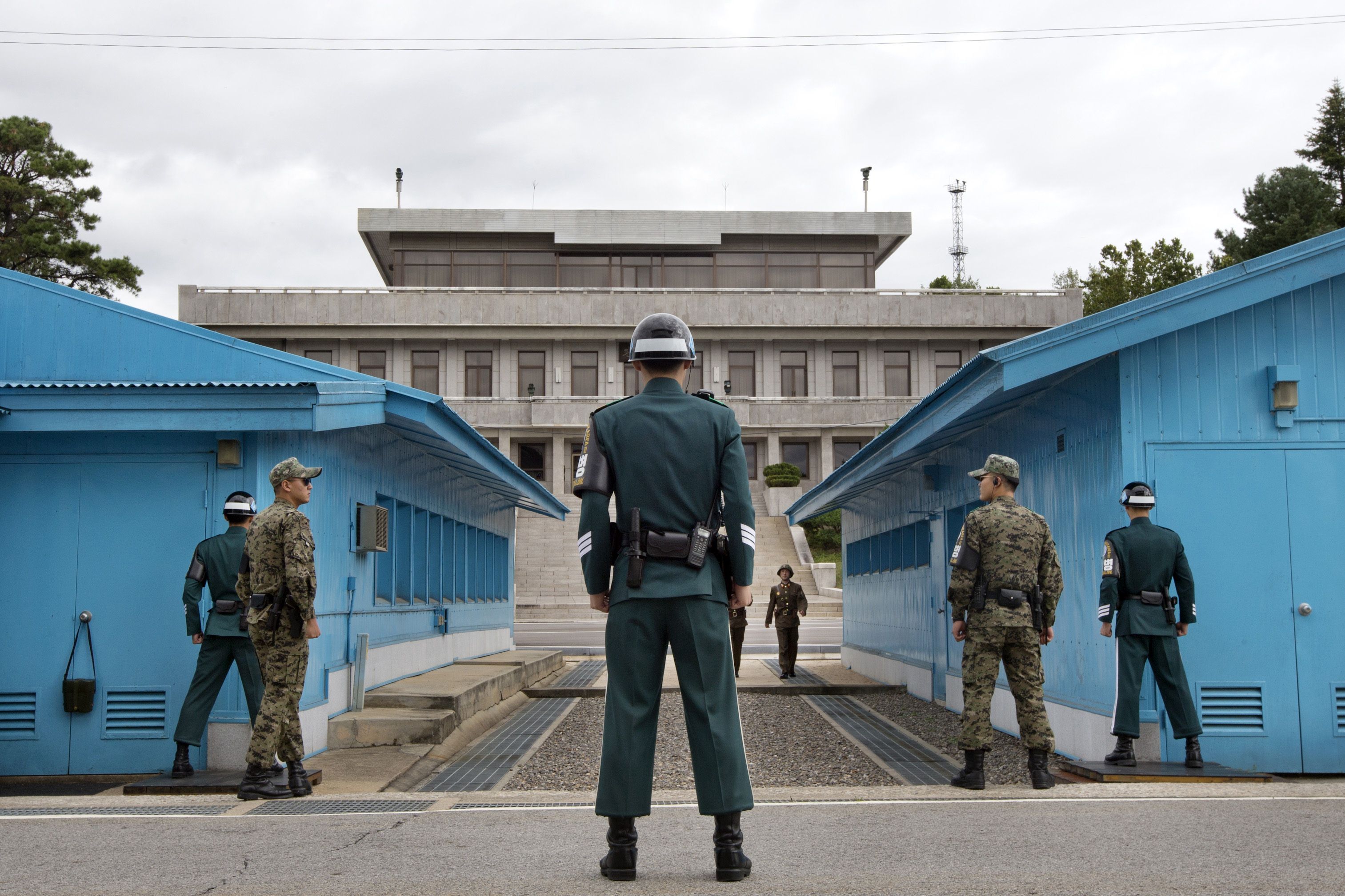 South Korean soldiers look towards the North Korean side of UN truce village that sits on the border of the Demilitarised Zone. Photo: AFP