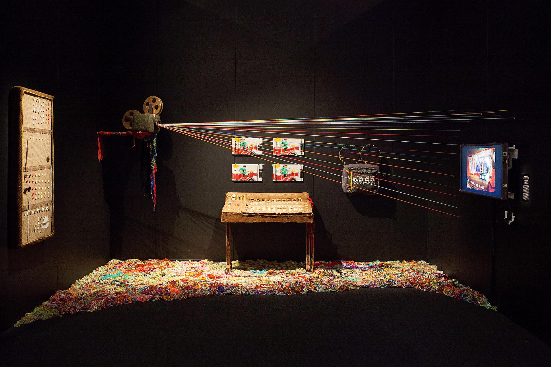 Seen at "Spectacle: The Music Video Exhibition" in Melbourne's ACMI: a yarn-bombed media room. Photos: Mark Gambino