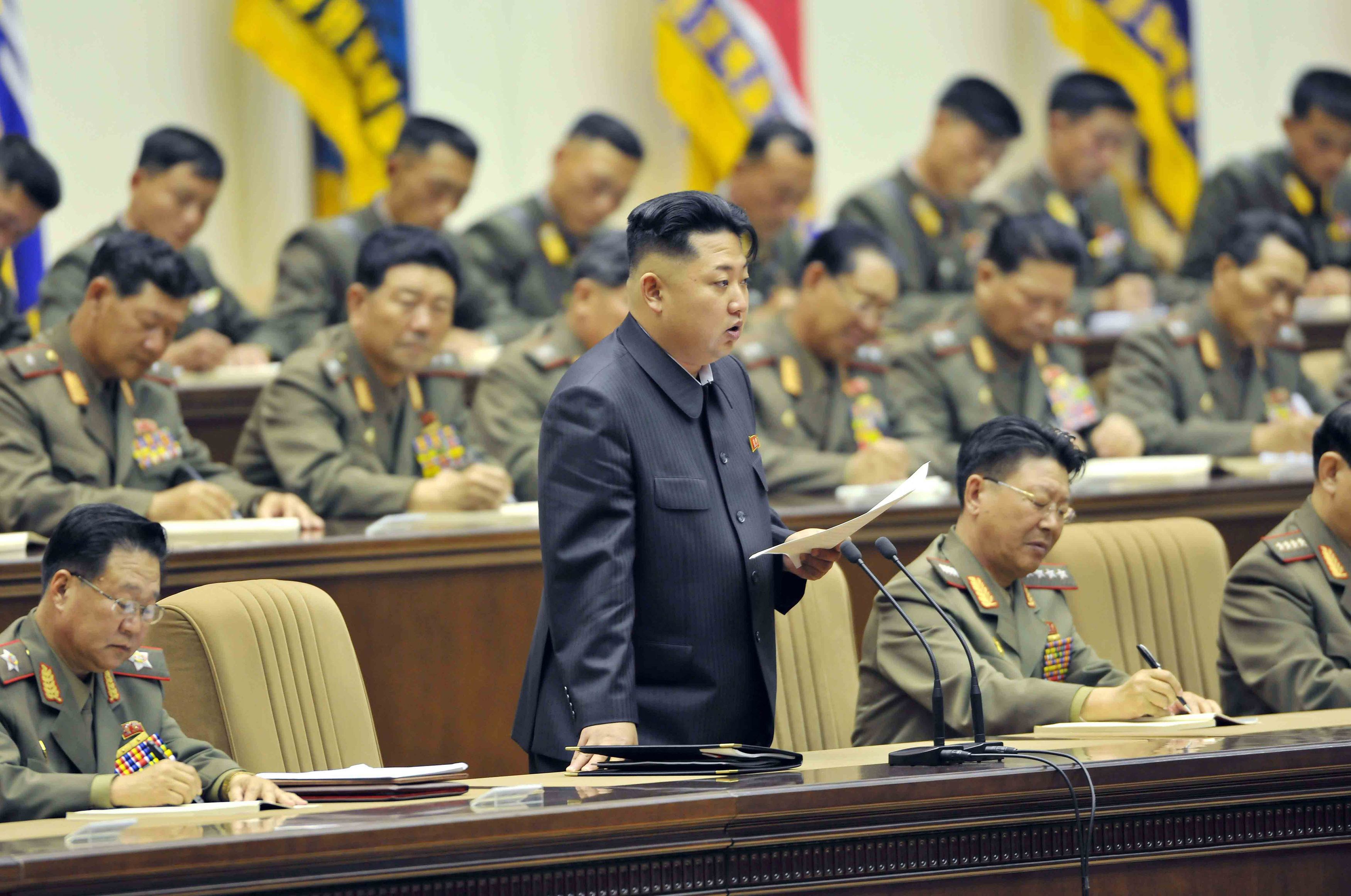 North Korean leader Kim Jong-un speaks during a meeting of the Korean People's Army. Photo: Reuters