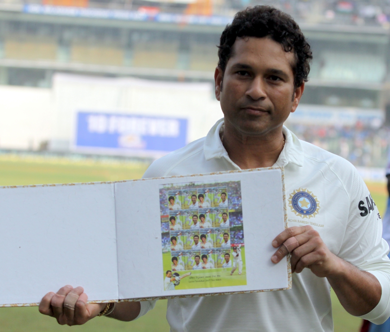 Indian cricket player Sachin Tendulkar during the release of a special postage stamp at Wankhade Stadium in Mumbai. Photo: Xinhua