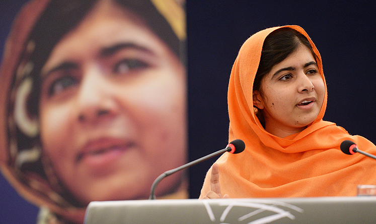 Pakistani teenager Malala Yousafzai delivers a speech after receiving the Sakharov Prize for Freedom at the European Parliament in Strasbourg, France, on Wednesday. Photo: EPA