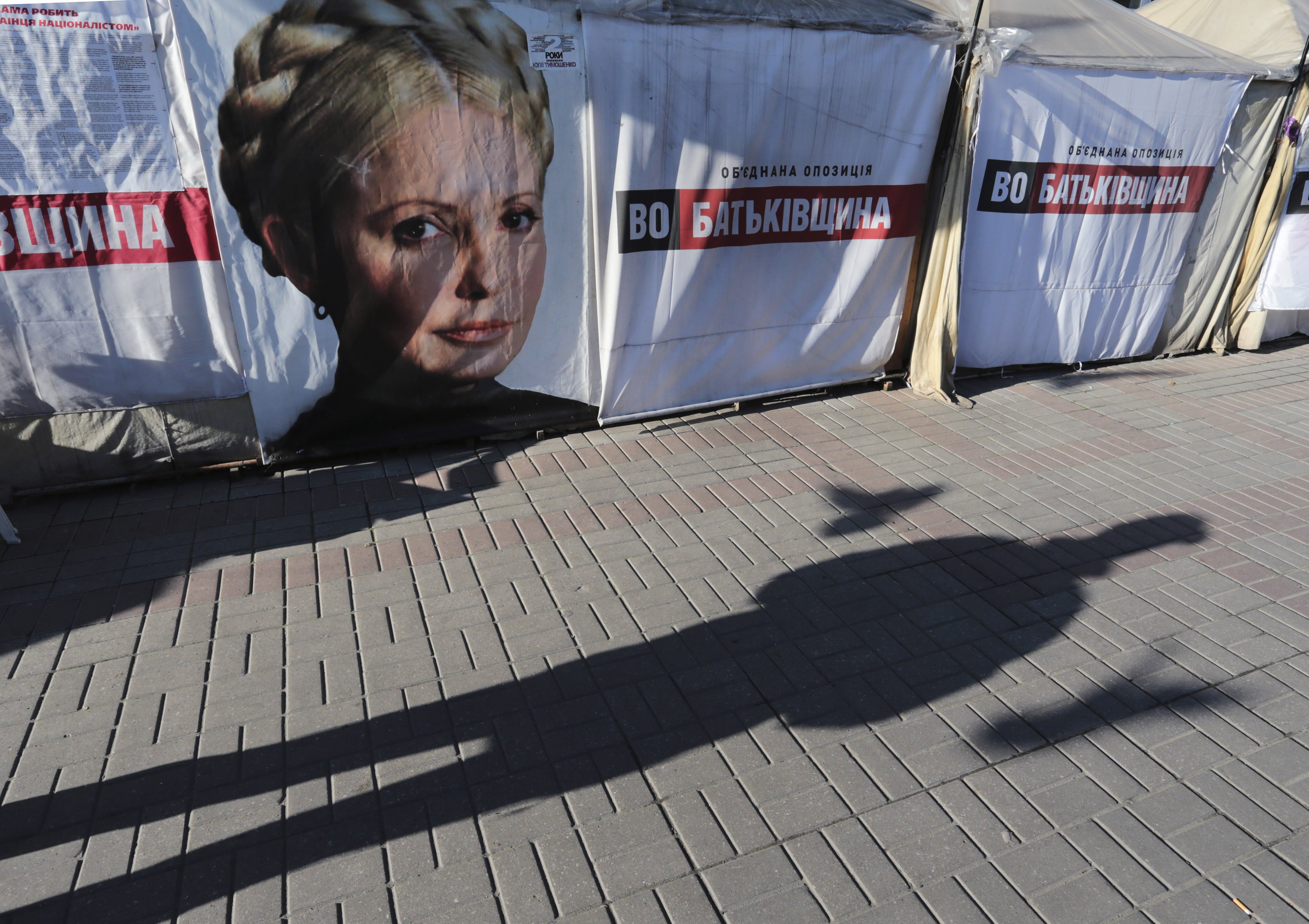 Shadows are cast during a protest by supporters of jailed former Ukrainian leader Yuliya Tymoshenko in Kiev. Photo: Reuters