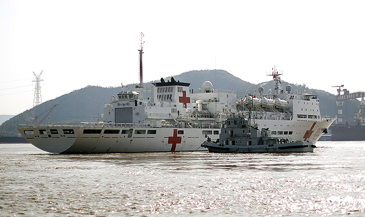 China's hospital ship Peace Ark sets off from a naval base in Zhejiang province bound for the Philippines. Photo: Reuters