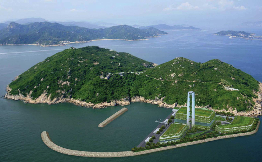 Artist's impression of the Shek Kwu Chau incinerator. The New Territories Concern Group produced a report on waste management which lays out an alternative to the incinerator by proposing the use of plasma gasification.