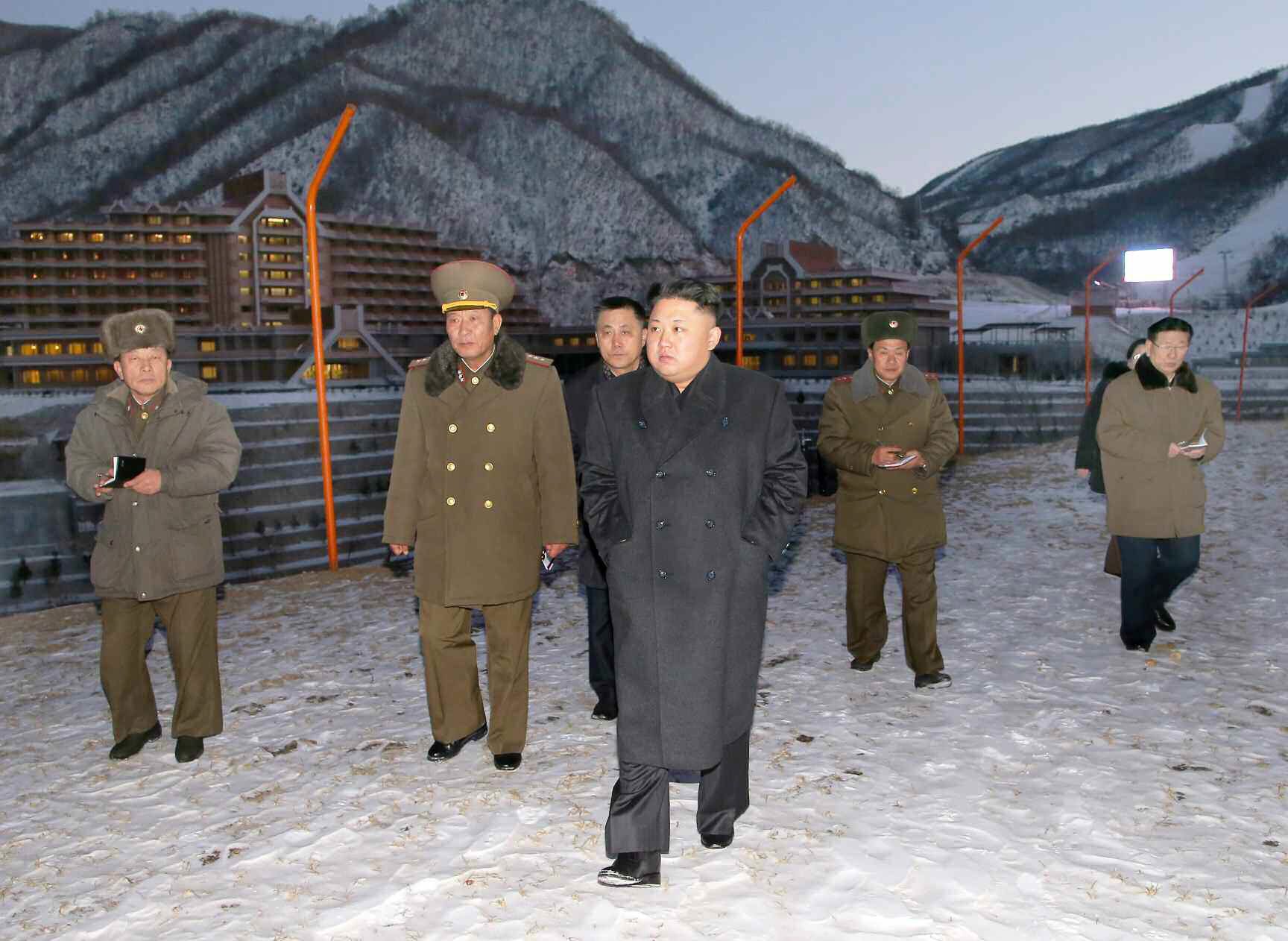 North Korean leader Kim Jong-un visits a ski resort under construction near the Mount Masik pass. Photo: EPA