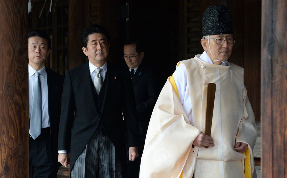Japanese Prime Minister Shinzo Abe visits the controversial Yasukuni war shrine in Tokyo.