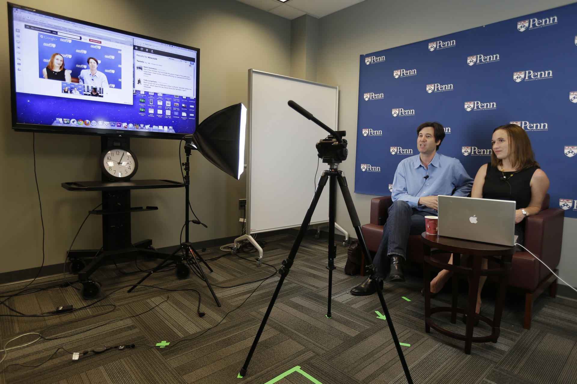 Professor Peter Struck (left) and assistant Cat Gillespie teach a mythology class during the recording of a Mooc. Photo: AFP