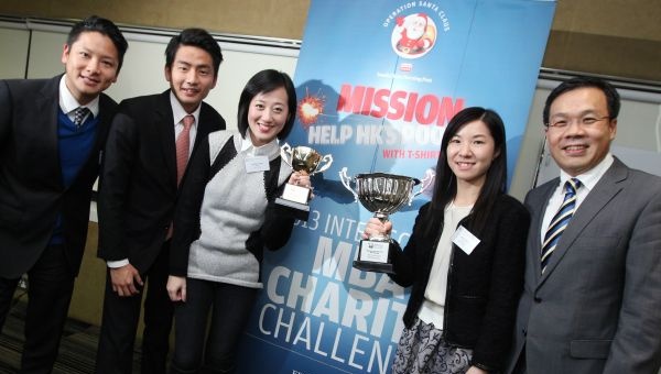 Winning team of 2013 Inter-School MBA Charity Challenge, (L-R) Wesley Wong, Angus Au-Yeung, Adriana Chan Chi-on, Sharon Mo and Angus Cheng Wing-hong from the University of Hong Kong (HKU) pose with their trophies. Photo: Nora Tam